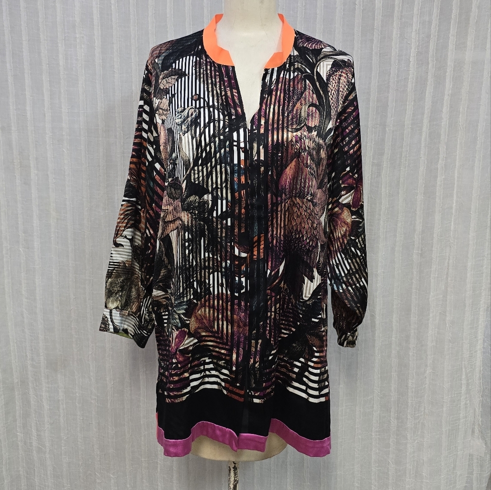 Elie Tahari Floral Striped Long Sleeve Blouse Tunic